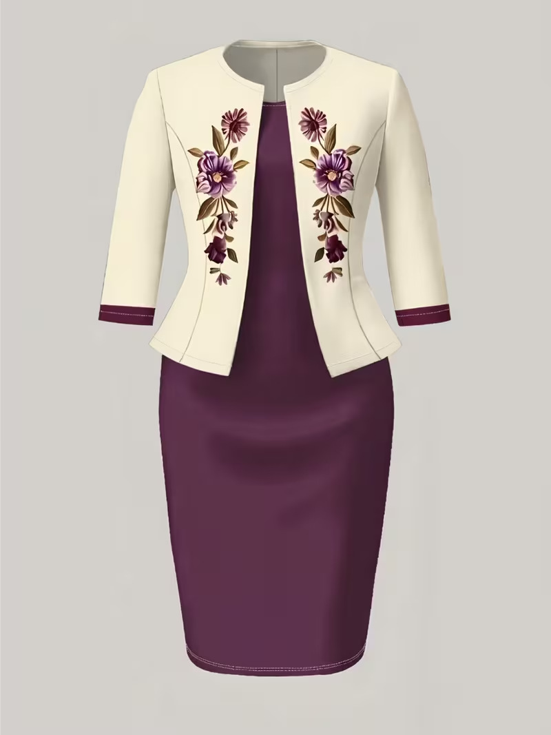 Floral Print Slim Fit Cropped Cardigan and Dress Set with Three-Quarter Sleeves