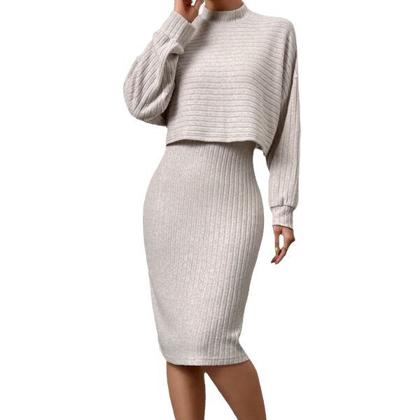 Ribbed Long-Sleeve Top and Cami Dress Set