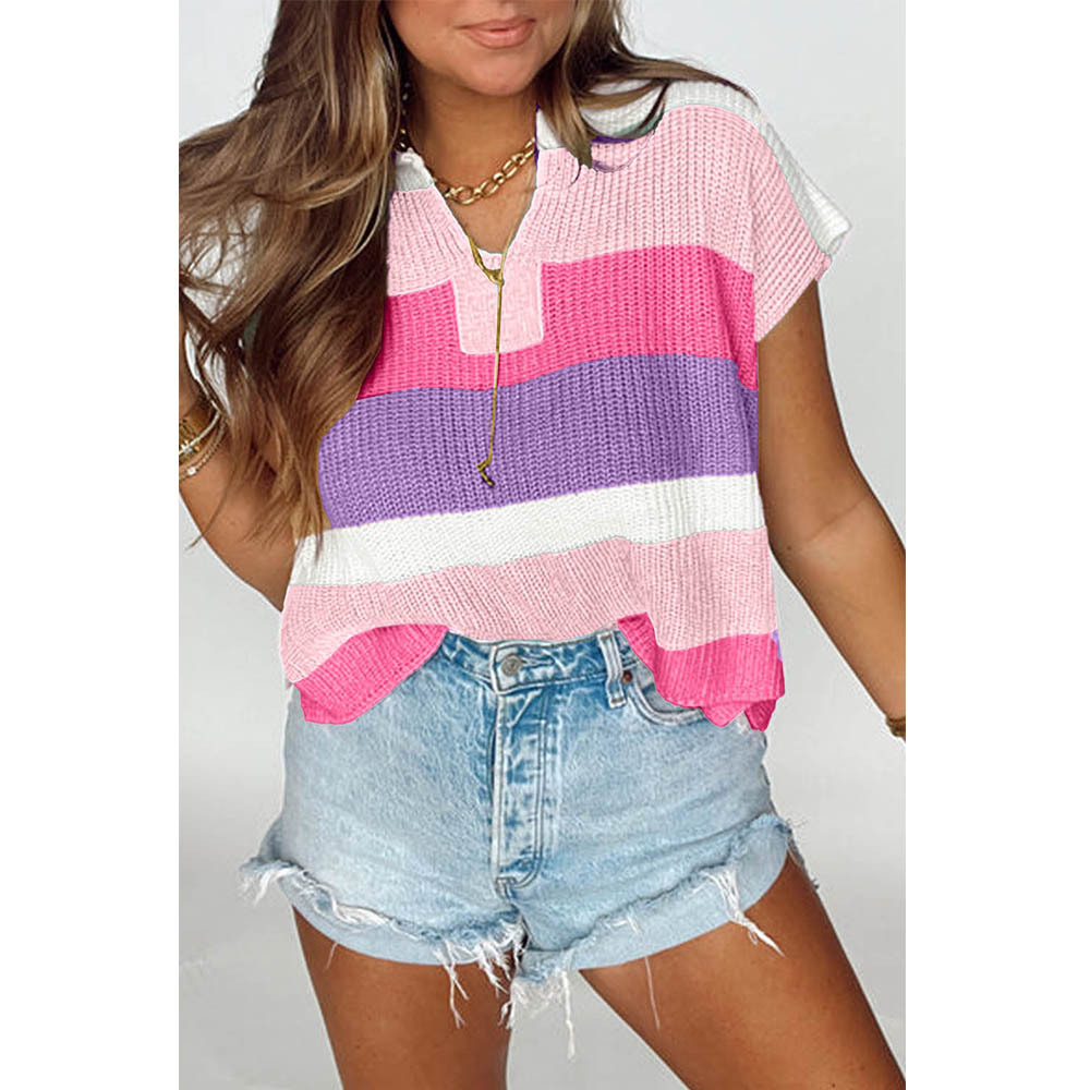 Women's Colorblock U-Neck Short Sleeve Knit Top Casual Pullover