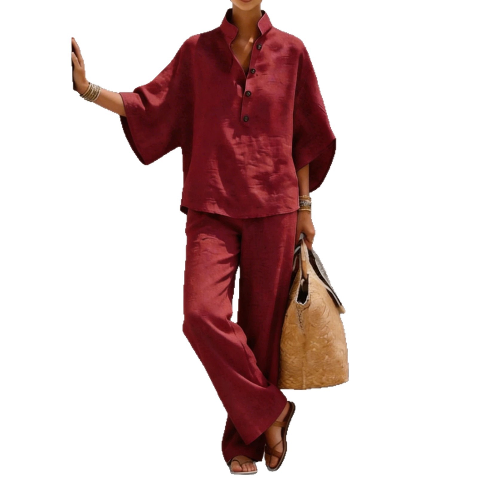 Women's Cotton-Blend Shirt and Pants Two-Piece Set