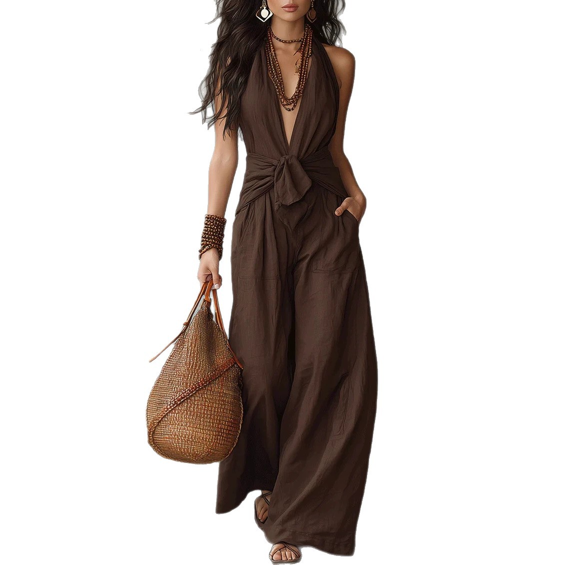 Sleeveless Halter Tie-Waist Wide-Leg Jumpsuit