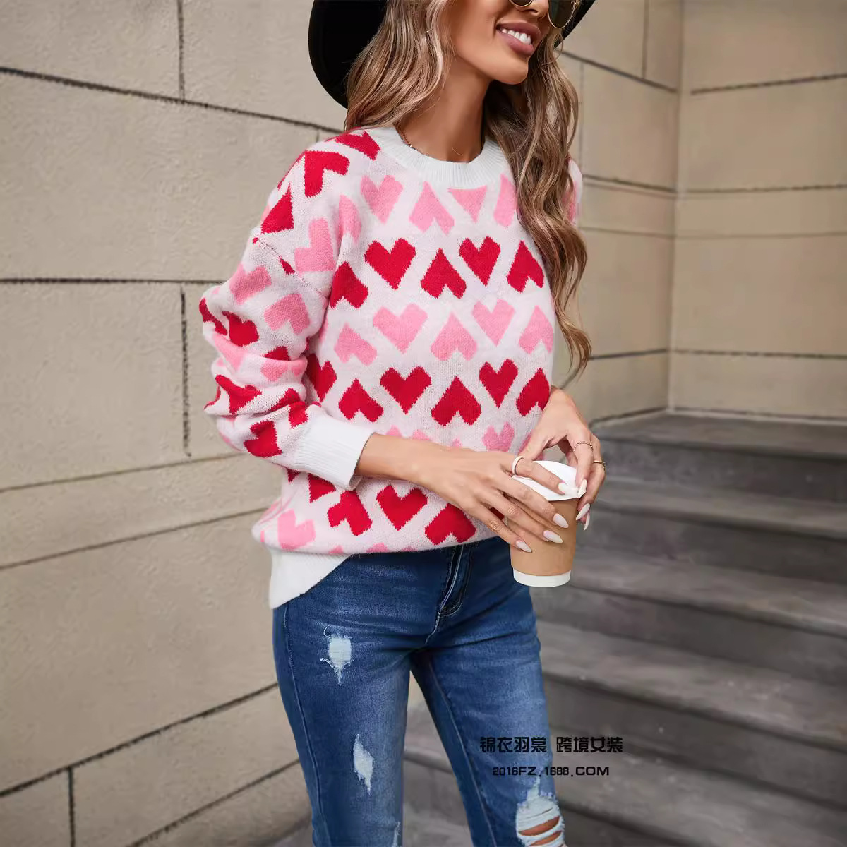 Heart Crewneck Pullover Sweater for Women