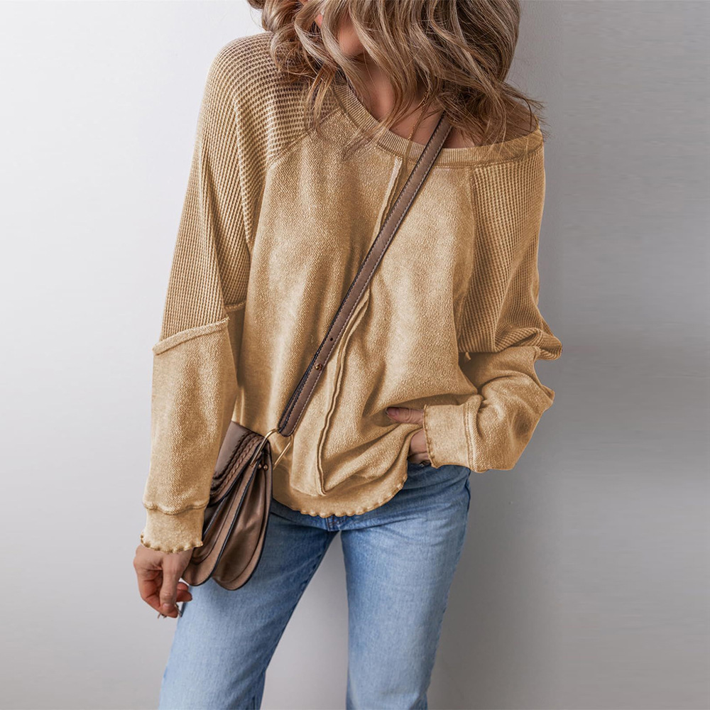 Women's Casual Crewneck Long Sleeve Reverse Stitch Patchwork Loose Pullover Sweatshirt