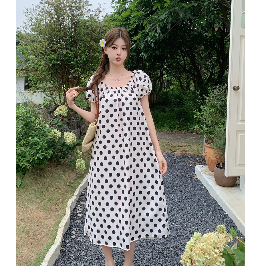 French-Style Polka Dot Puff Sleeve Midi Dress