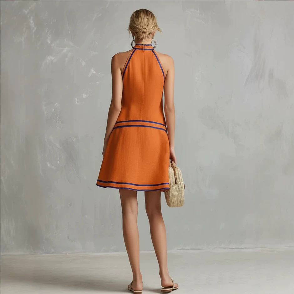 Women's Halter Neck Sleeveless A-Line Dress with Striped Trim