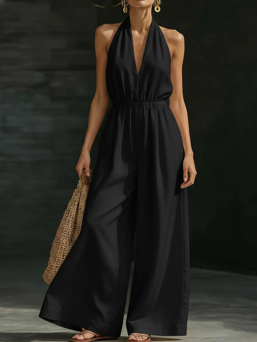 Women's V-Neck Halter Wide-Leg Jumpsuit Solid Color Sleeveless