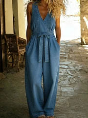 Women's Summer Pleated Loose Denim Jumpsuit with Pockets