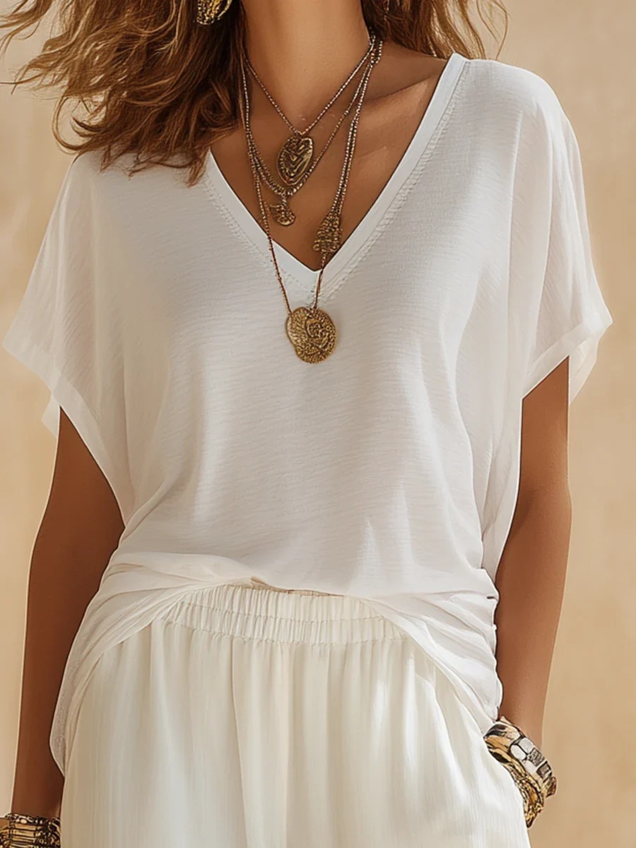 V-Neck White Top and Gradient Leopard Wide-Leg Pants Two-Piece Set