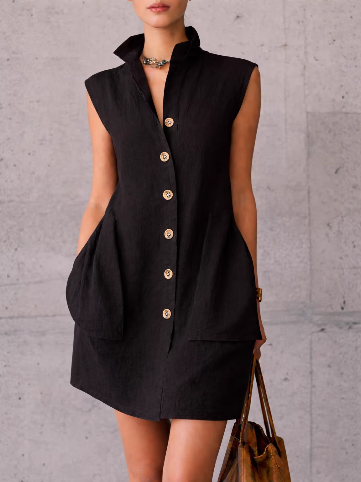Women's Sleeveless Stand Collar Shirt Dress with Pockets Casual Vacation Short Dress