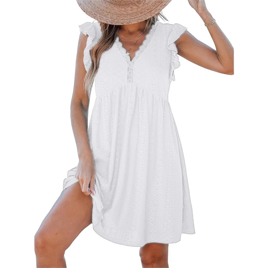 Women's V-Neck Lace Trim Cutout Short Sleeve Smock Dress