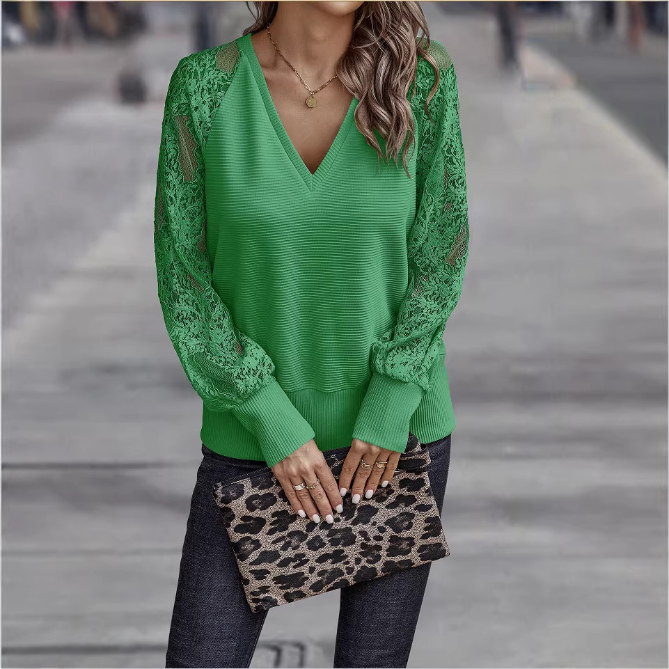 Women's V-Neck Lace-Trim Knit Top Long Sleeve