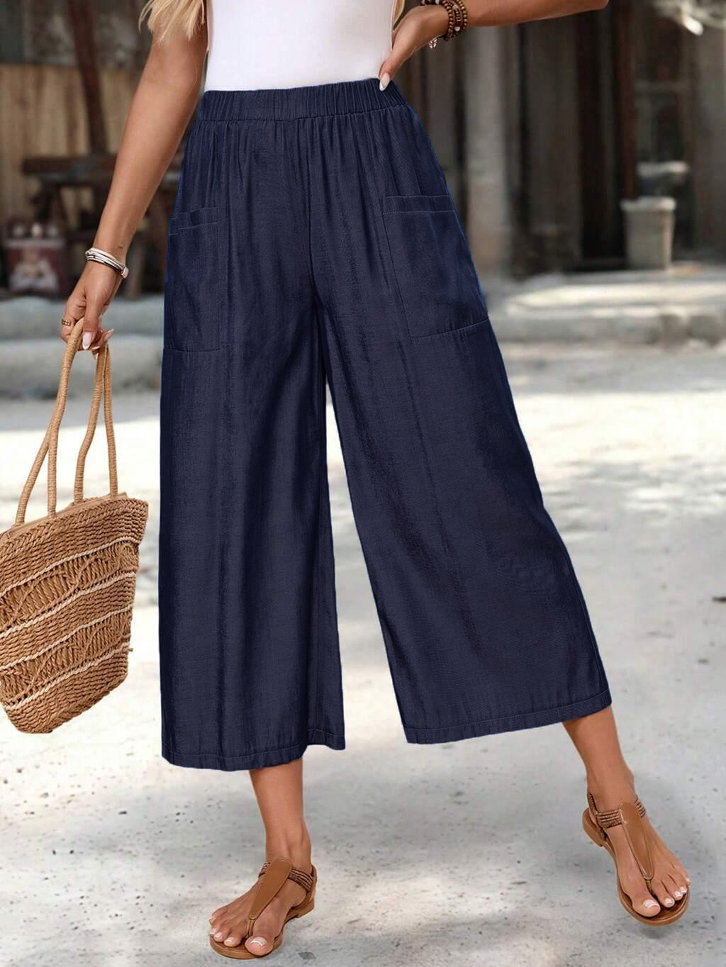 Women's Loose Wide-Leg Capri Pants with Pockets Casual