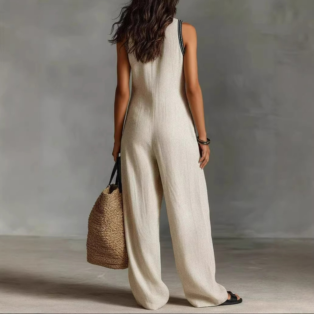 Women's Sleeveless Linen-Blend Jumpsuit with Zip Stand Collar and Embroidery