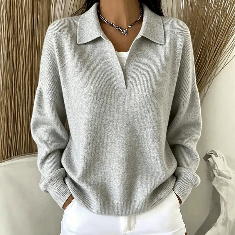 Ribbed Knit Polo Sweater with Collar, Loose V-Neck Pullover, Casual Slimming Fit