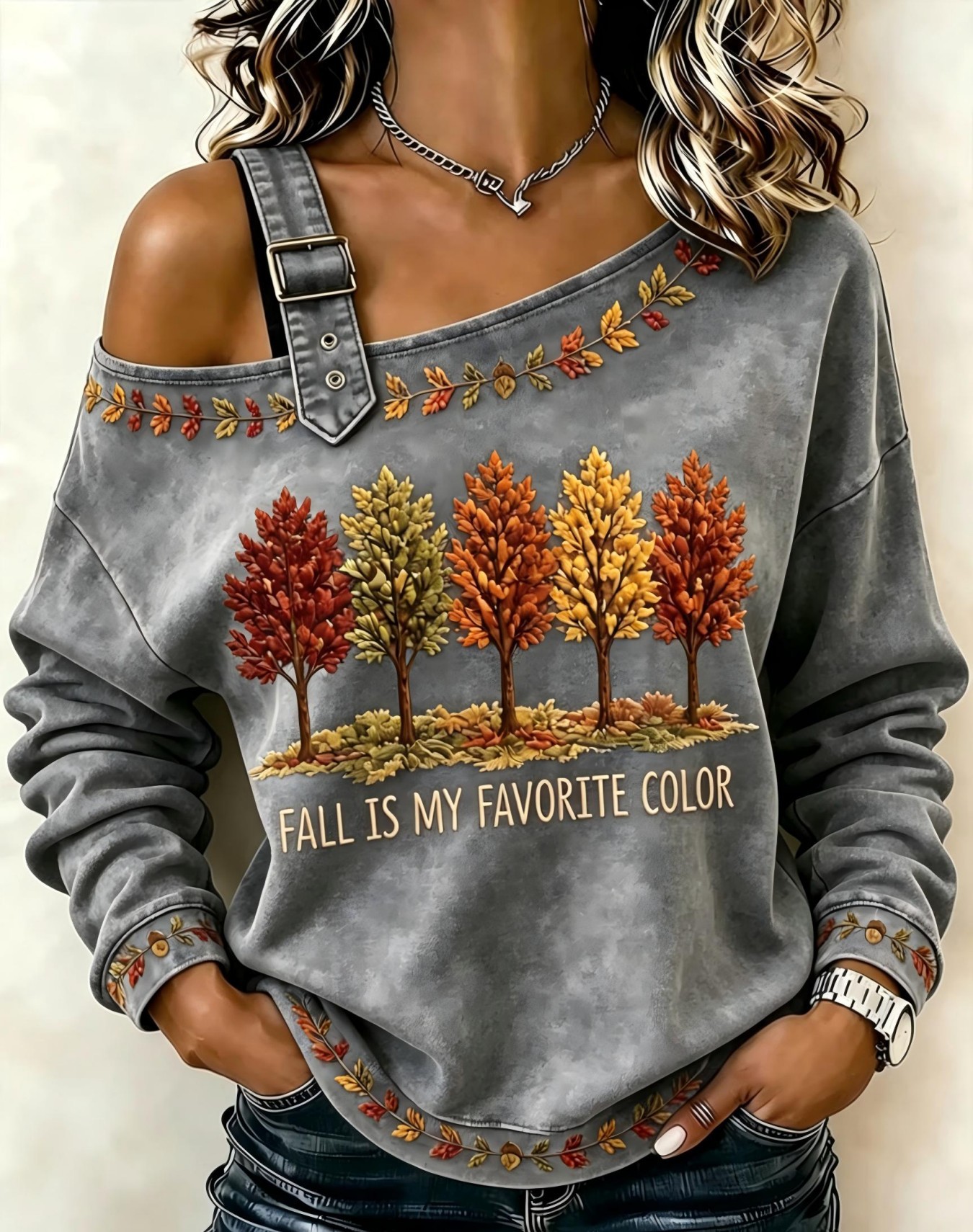 Maple Leaf Letter Floral Print Crewneck Long Sleeve Lace-Up Sweatshirt