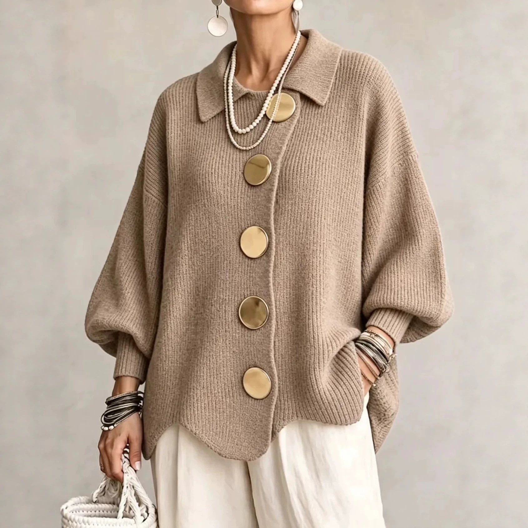 Button-Front Knit Collared Cardigan Sweater Coat