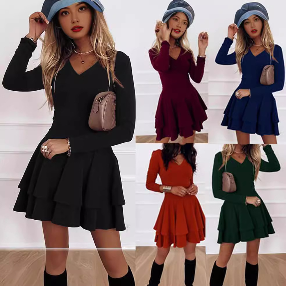 Solid Color Streetwear Long Sleeve A-Line Dress with Spliced Hem