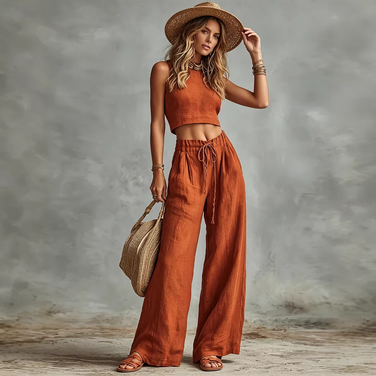 Sleeveless Tank Top & Drawstring High-Waist Wide-Leg Pants Two-Piece Set