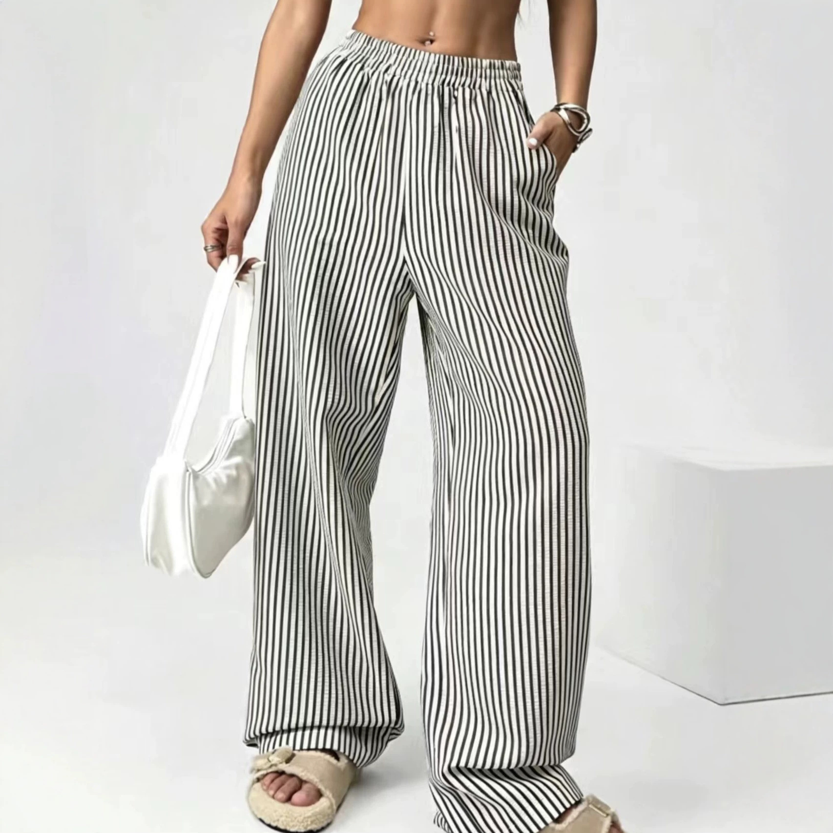 Striped Relaxed Elastic Waist Straight-Leg Pants with Pockets