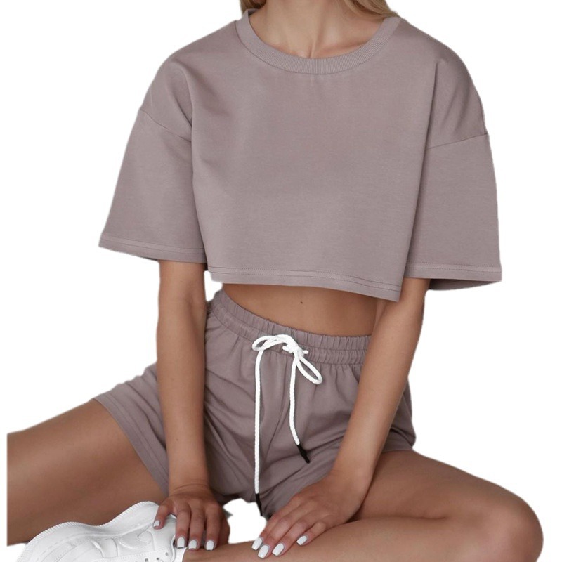 Women's Solid Color Cropped Short Sleeve Drawstring Shorts Set Casual Loose Fit