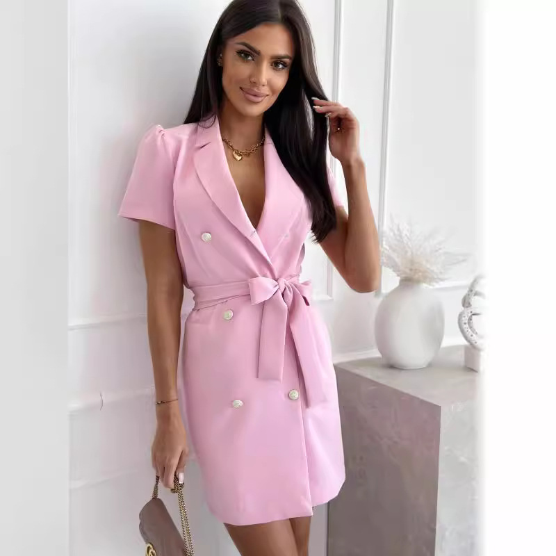 Sweet Blazer Dress with Suit Collar and Double-Breasted Front, Solid Color