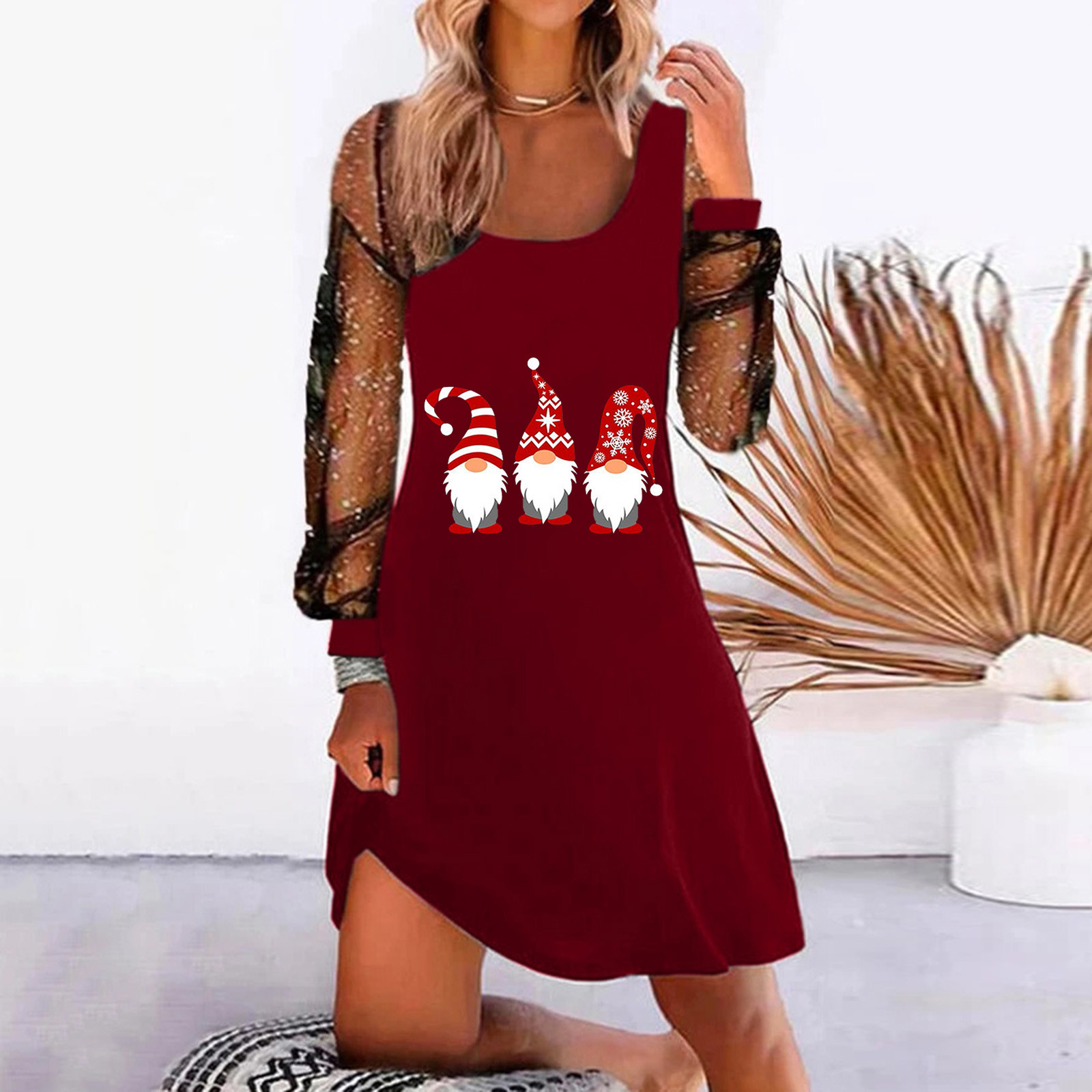 Christmas Print Mesh Panel Dress Women's Long Sleeve A-Line Midi