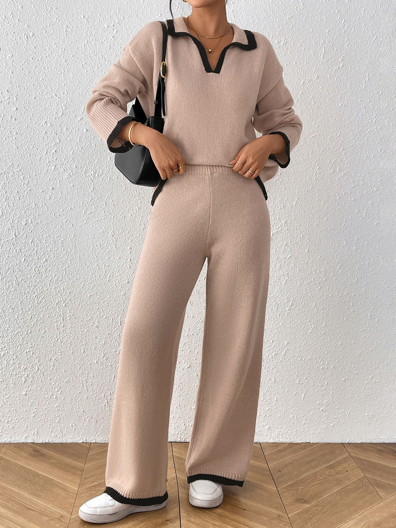 Women's Colorblock Polo Neck Sweater and Wide-Leg Pants Two-Piece Set