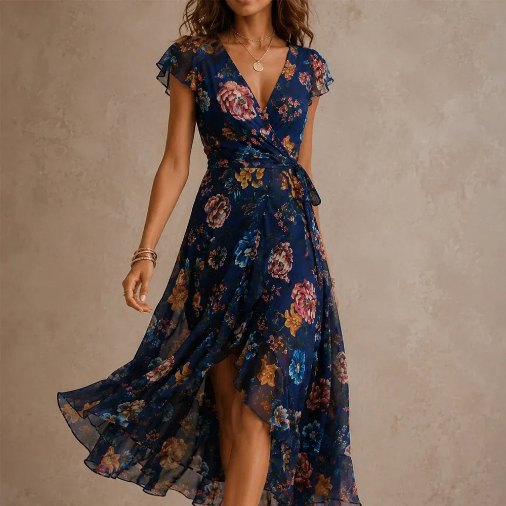 V-Neck Irregular 3D Digital Print Maxi Dress