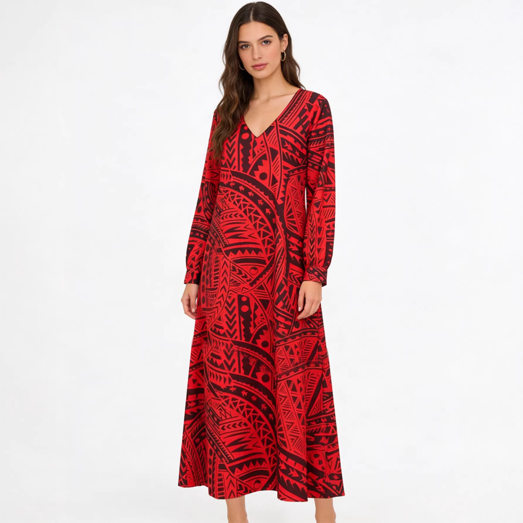 Women's Long Sleeve V-Neck Loose Bohemian Floral Print Maxi Dress