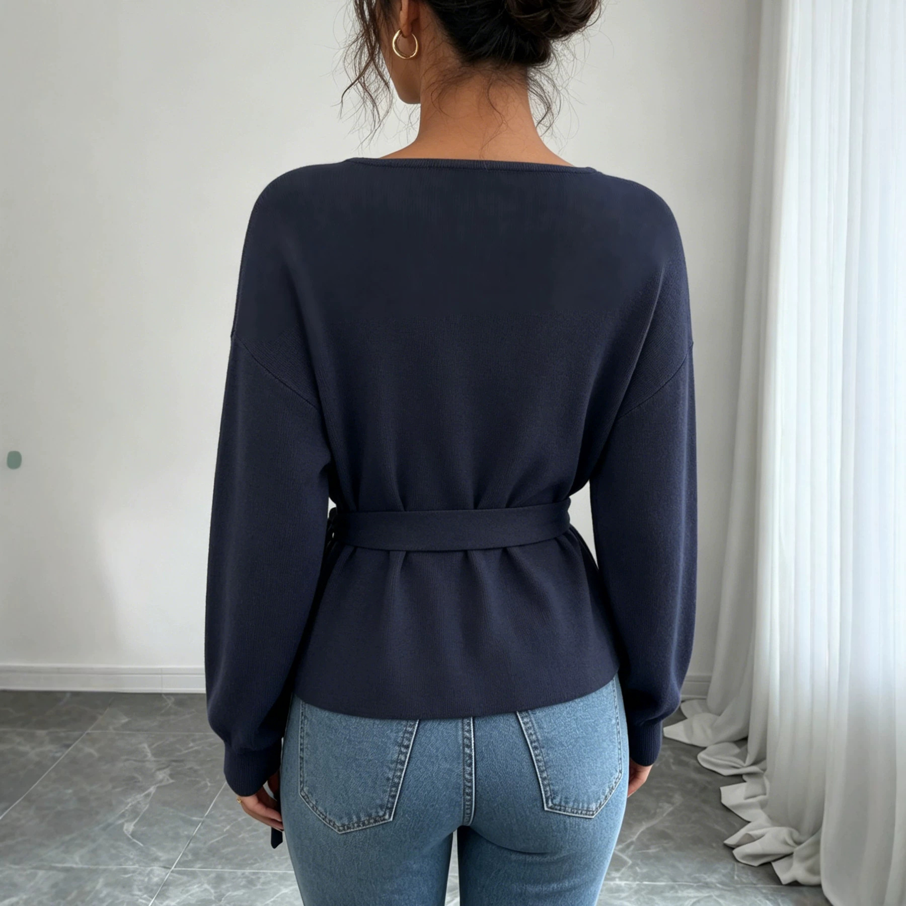 Women's Lazy Style Long Sleeve Knit Sweater with Tie Design Solid Color
