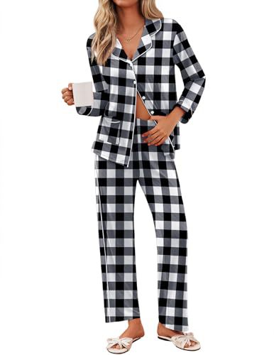 Women's Cuban Collar Plaid Skull Print Long Sleeve Top Set