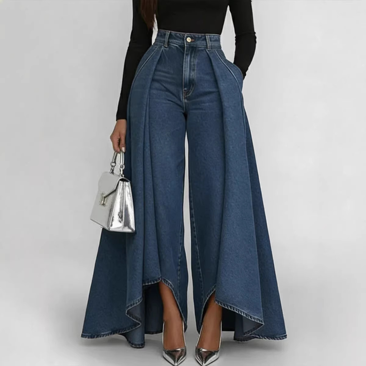 Women's Wide-Leg Faux Denim Print Pants Button Straight Casual