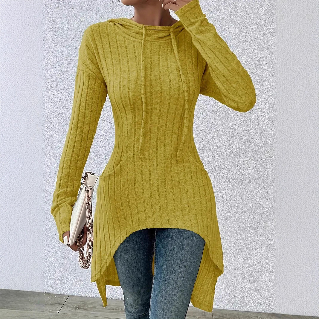 Women's Ribbed Knit Hooded Drawstring Tunic Sweatshirt