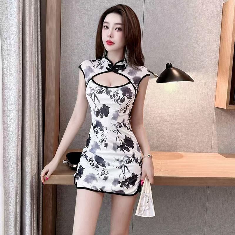 Chinese Floral Print Ruched Bodycon Cheongsam Dress