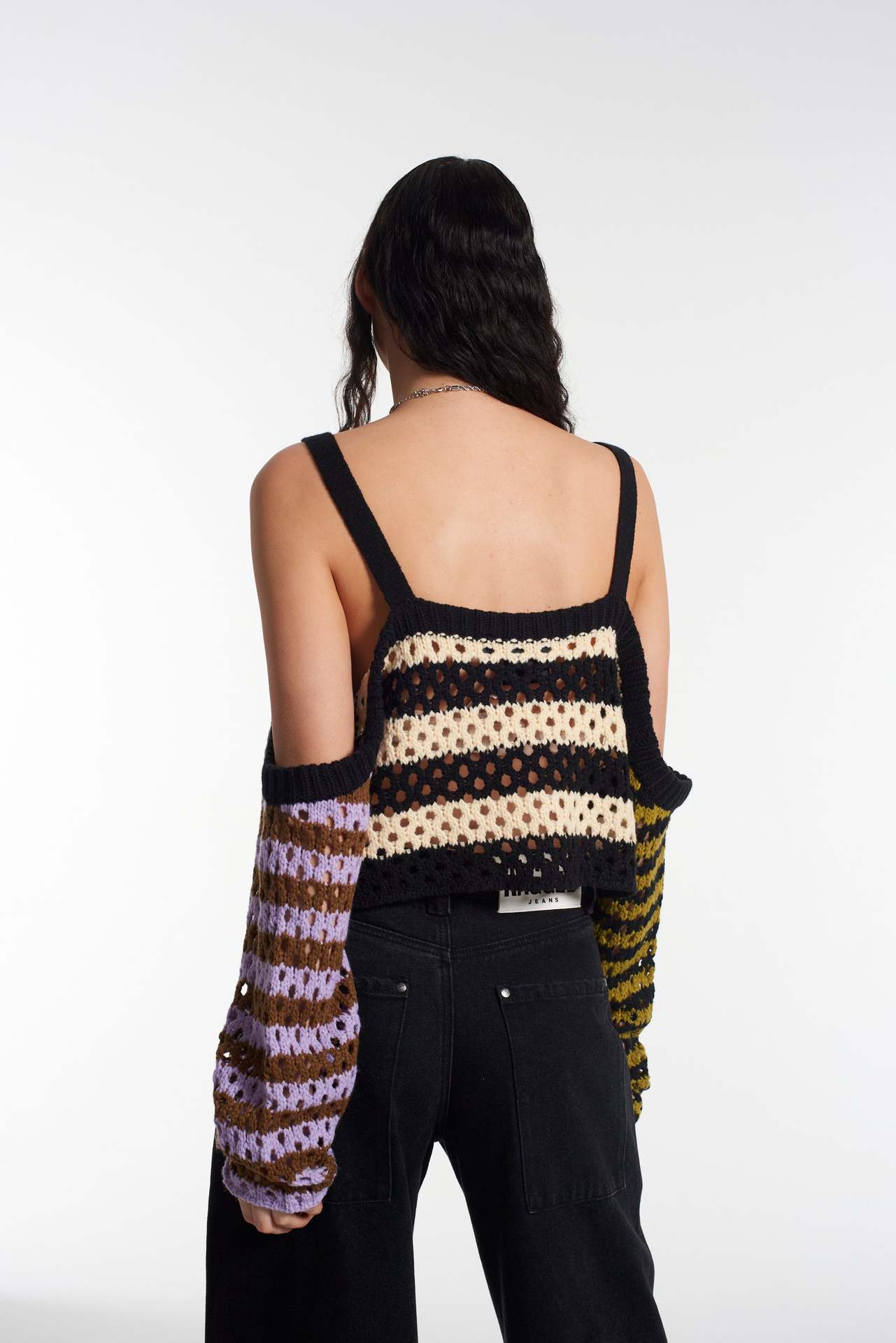 Off-Shoulder Striped Colorblock Cutout Crop Knit Cami Top