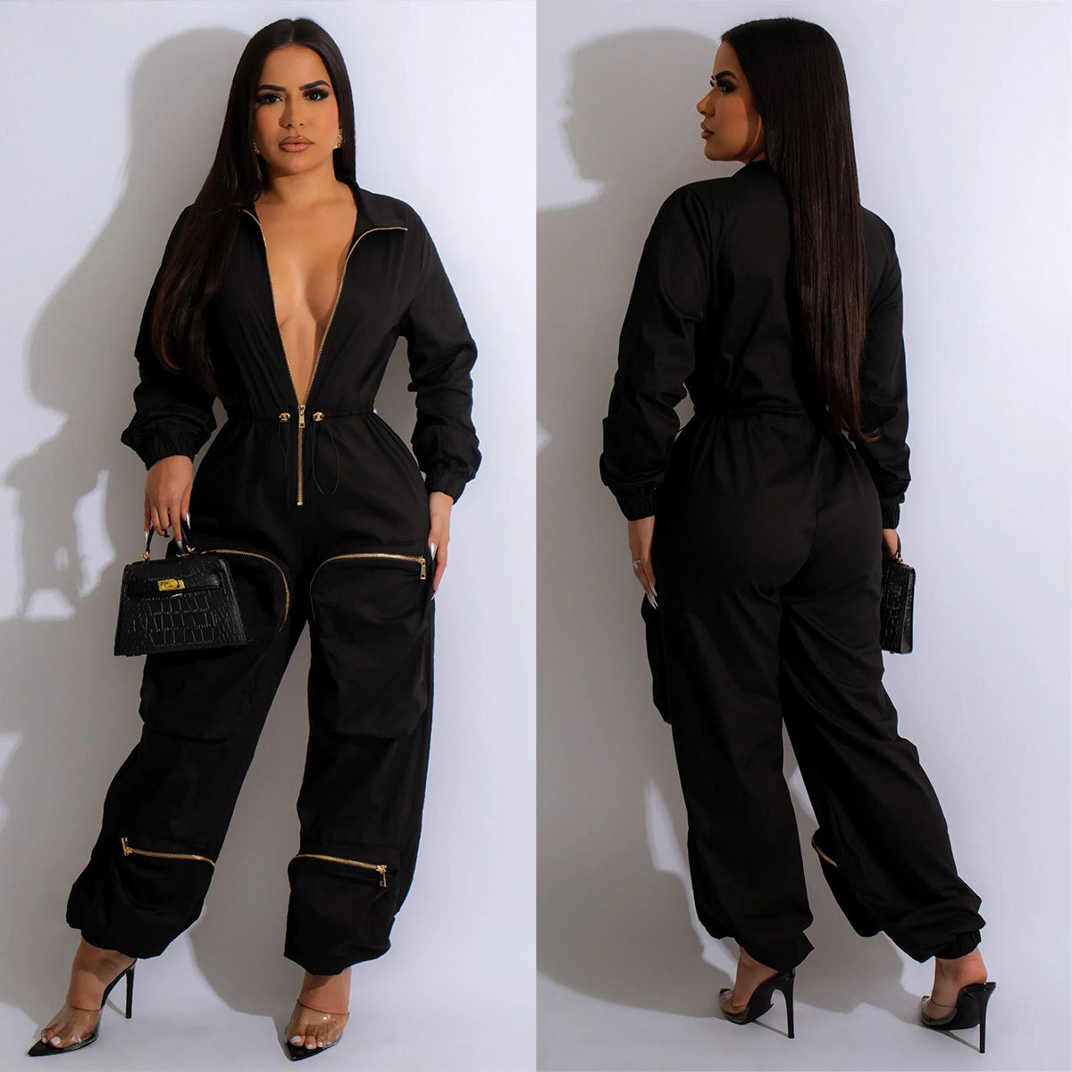 Women's Waist-Cinching Cargo Jumpsuit with Metal Zip and Bread Pockets