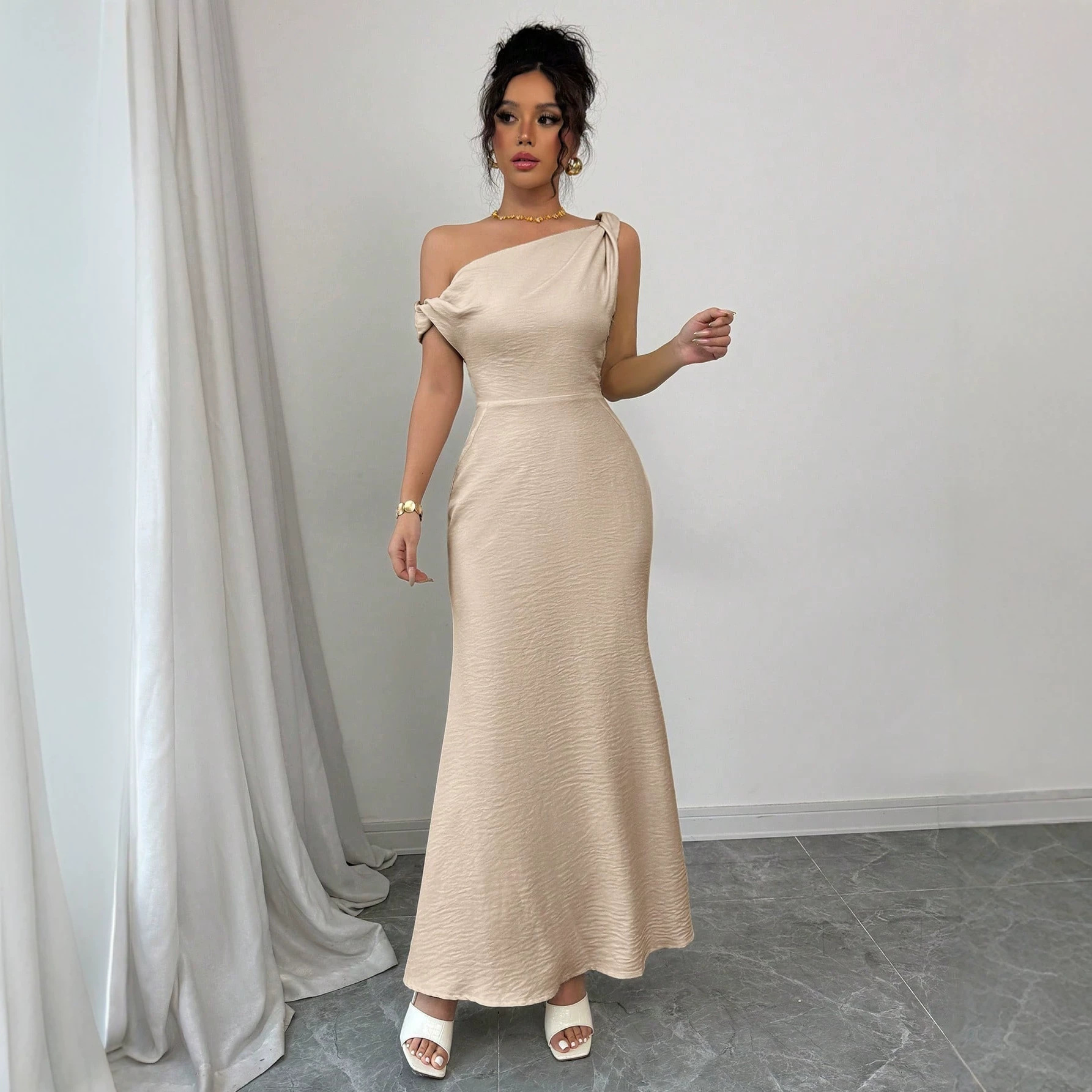 One-Shoulder Cutout Twist Mermaid Dress High Waist Champagne