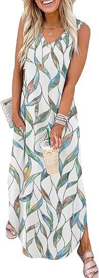Women's Sleeveless V-Neck Maxi Dress with Pockets for Beach Vacation