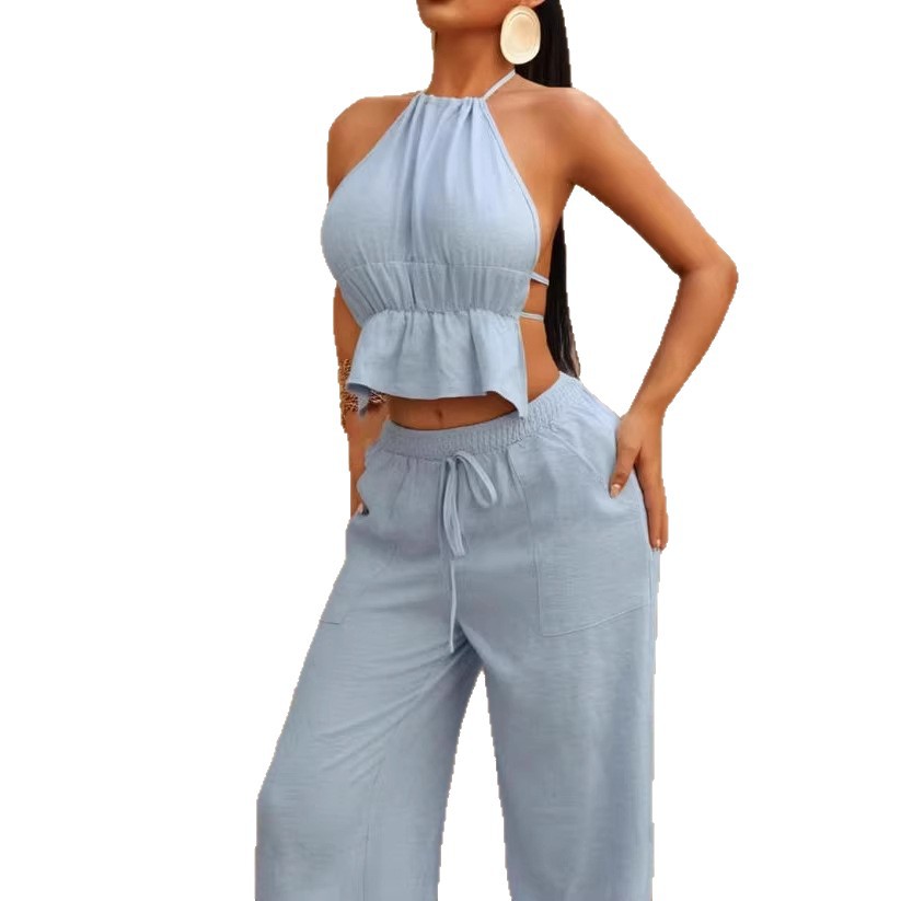 Women's Halter Cami Top and Wide-Leg Pants Two-Piece Set
