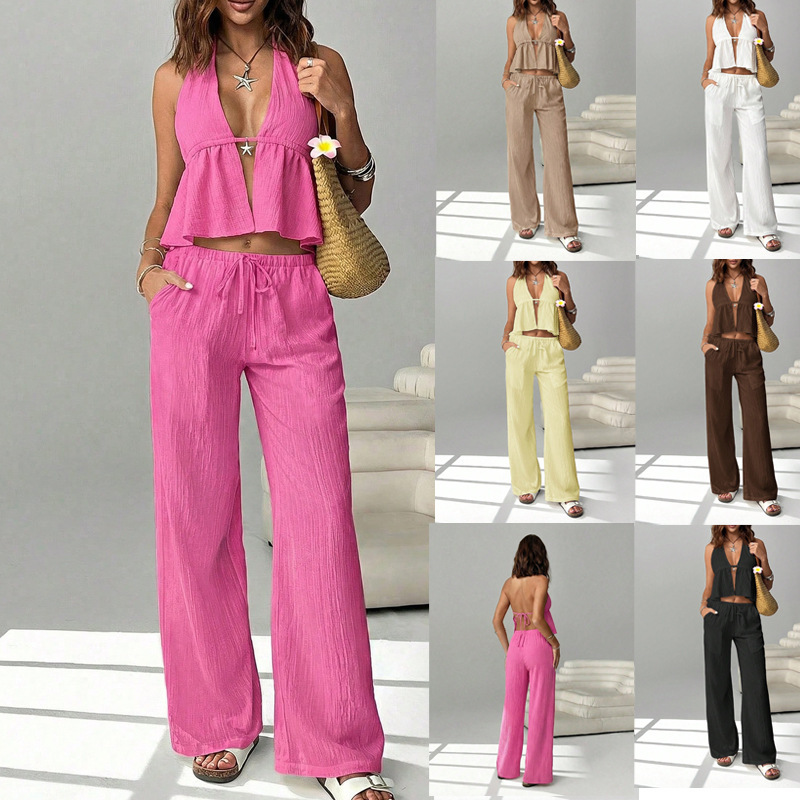 Women's Halter V-Neck Open-Back Ruched Top & Wide-Leg Pants Set