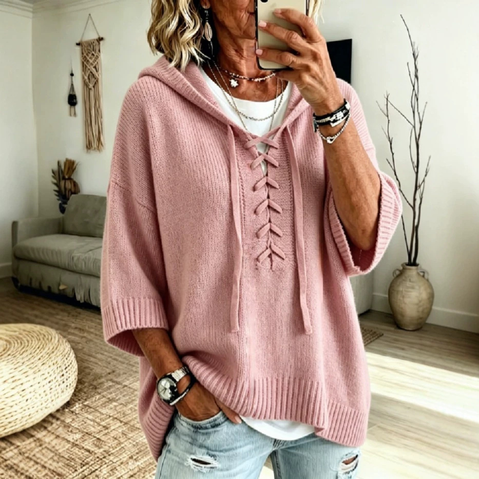 Lace-Up Hooded 3/4 Sleeve Knit Sweater Loose Pullover Top