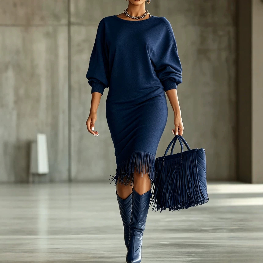 Women's Midi Fringe Dress Crew Neck Long Sleeve A-Line