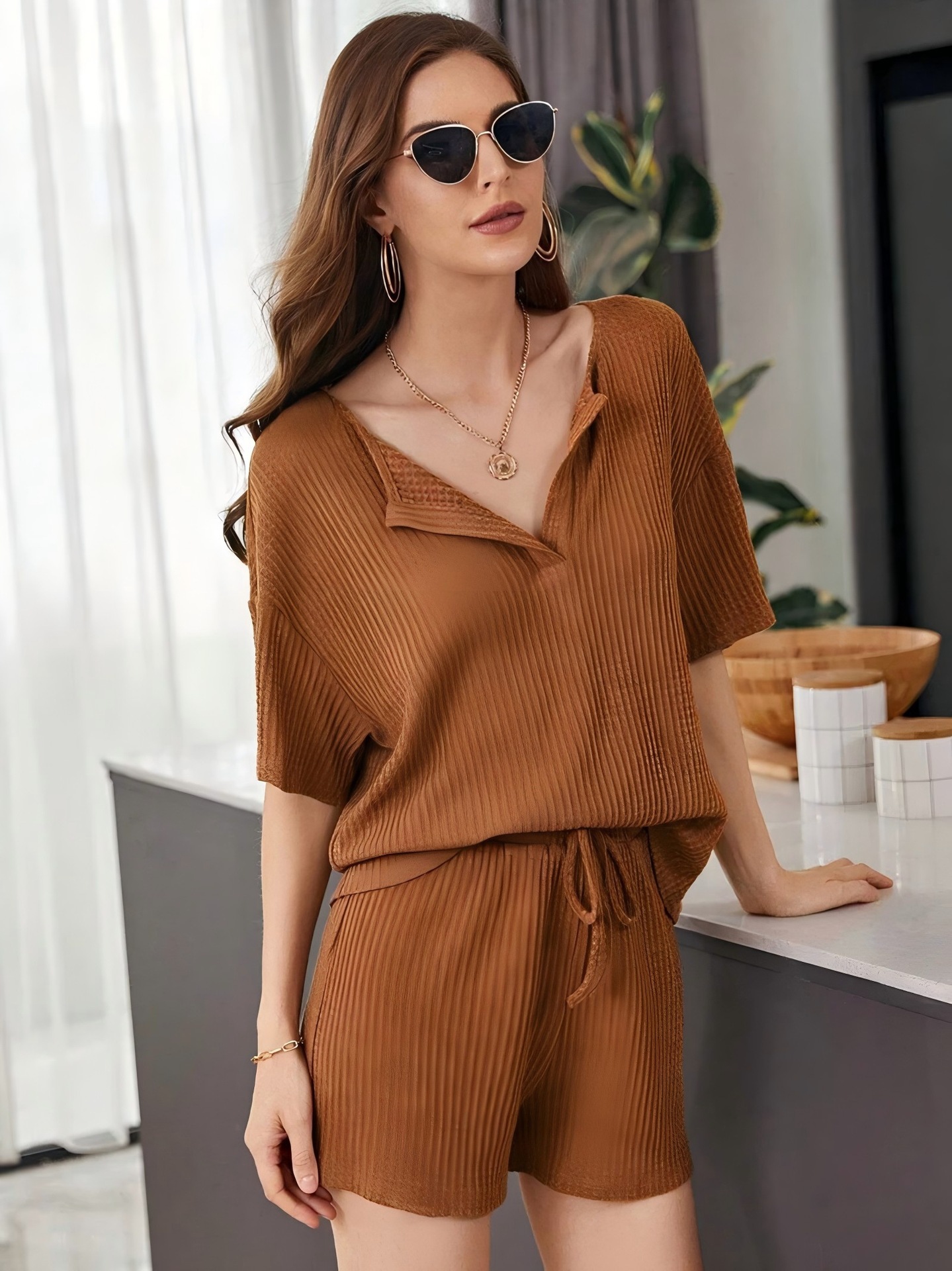 Women's Waffle Knit Short Sleeve Shorts Lounge Set Solid Color