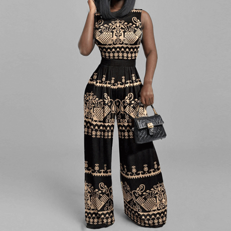 Women's Printed Sleeveless Round Neck Wide-Leg Jumpsuit