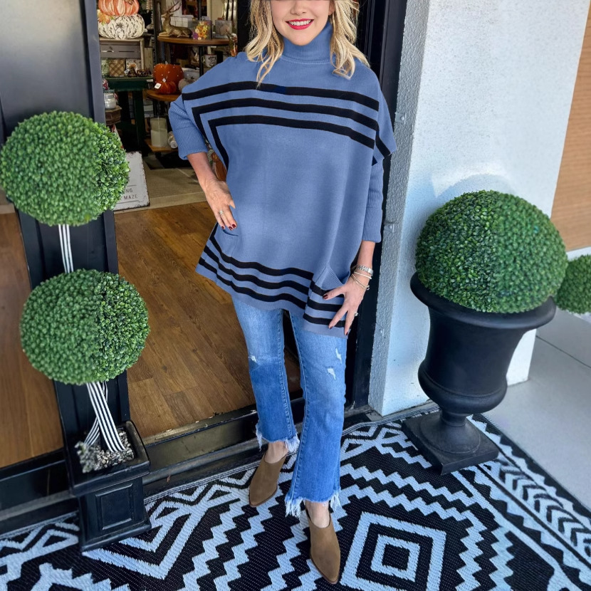 Women's Striped Turtleneck Batwing Sleeve Knit Sweater
