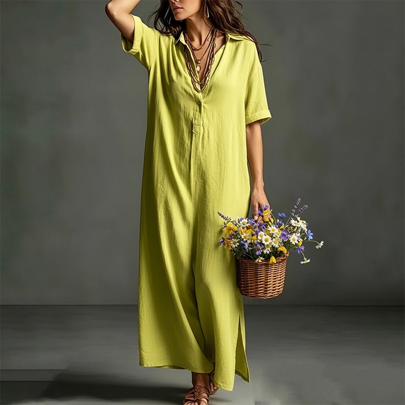 Women's Casual Solid Color Short Sleeve Collared Long Dress