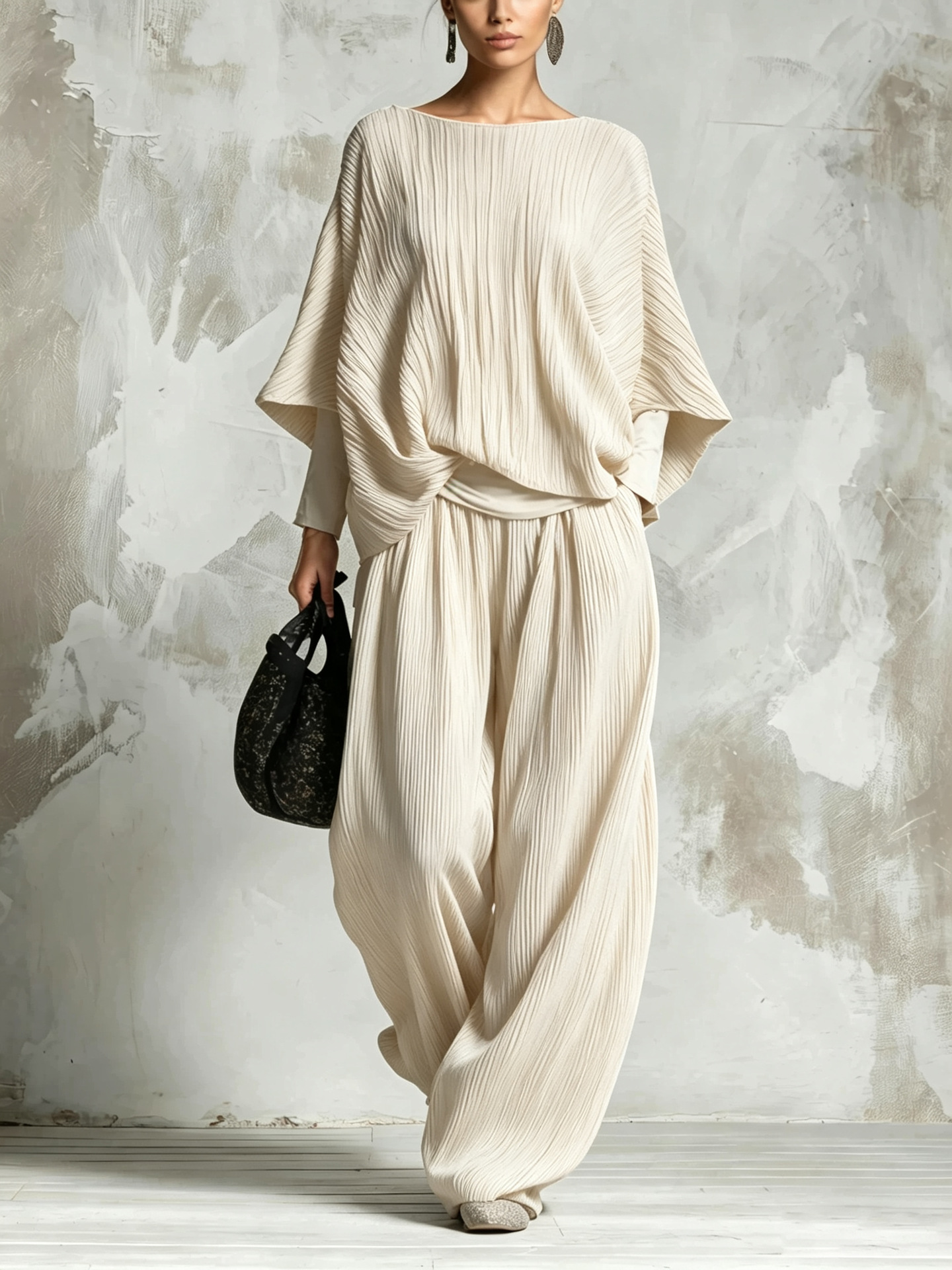 Ruched Batwing Sleeve Top & Wide-Leg Pants Two-Piece Lounge Set