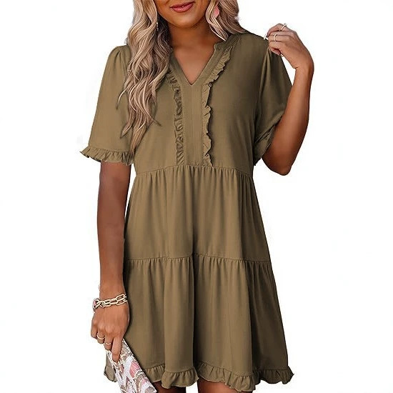 Women's Loose V-Neck Short Sleeve Ruffle Hem Casual Dress