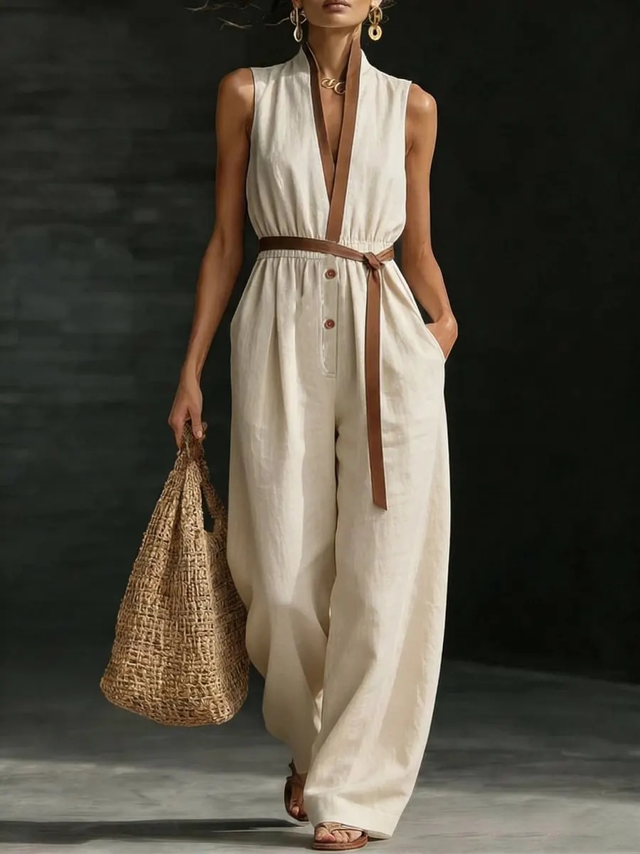 Sleeveless V-Neck Jumpsuit Women's Casual Straight-Leg