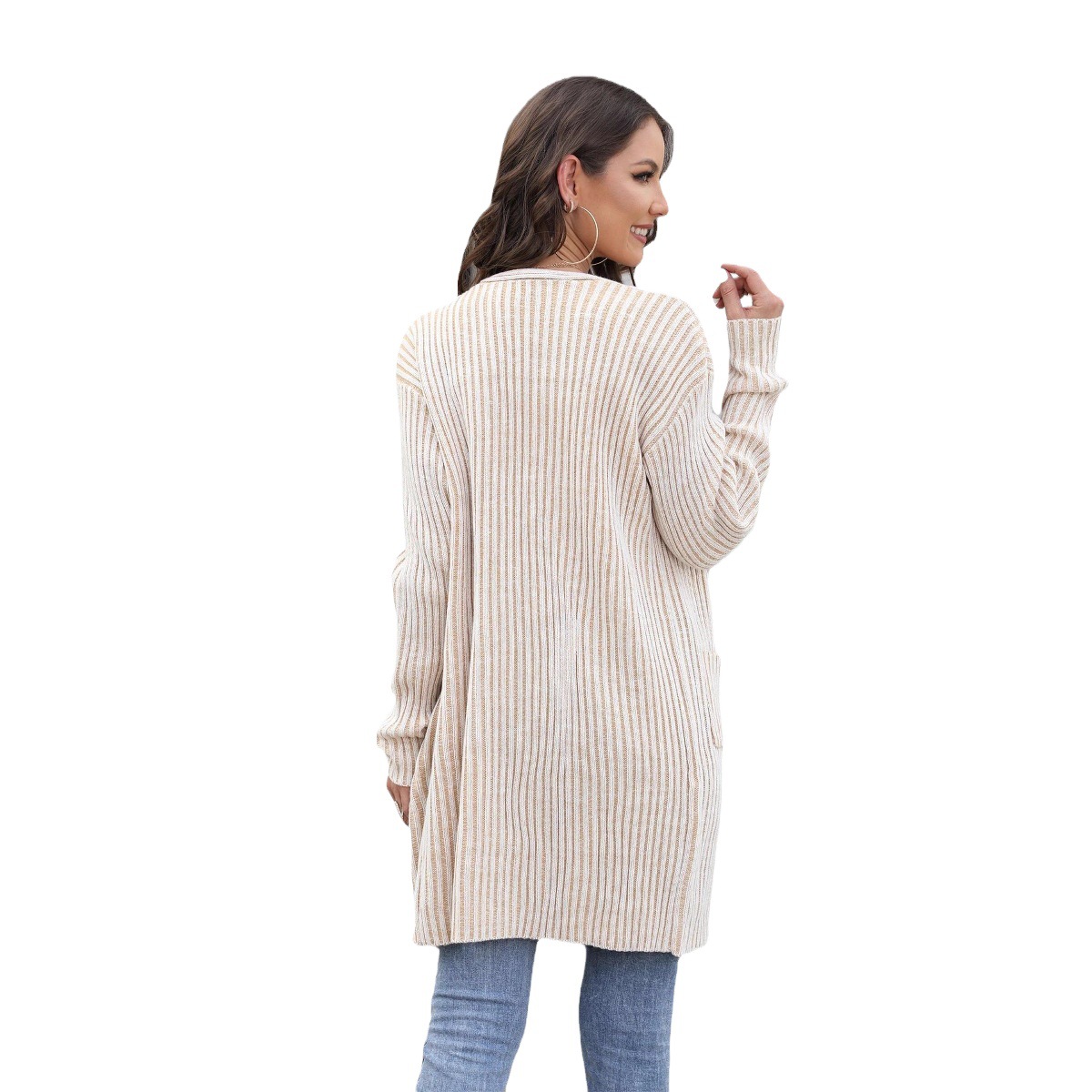 Plus Size Ribbed Knit Cardigan with Pockets Solid Color Long Sleeve Sweater Coat